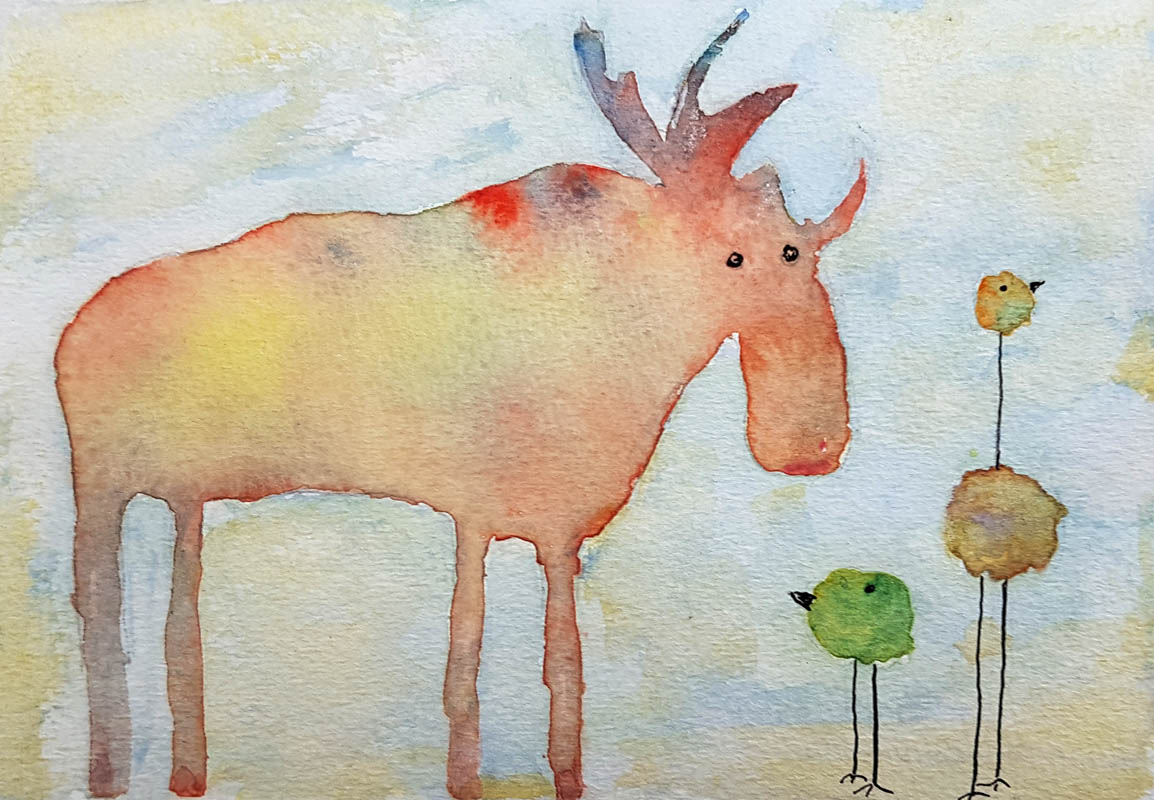 Whimsical watercolour painting of moose and two birds