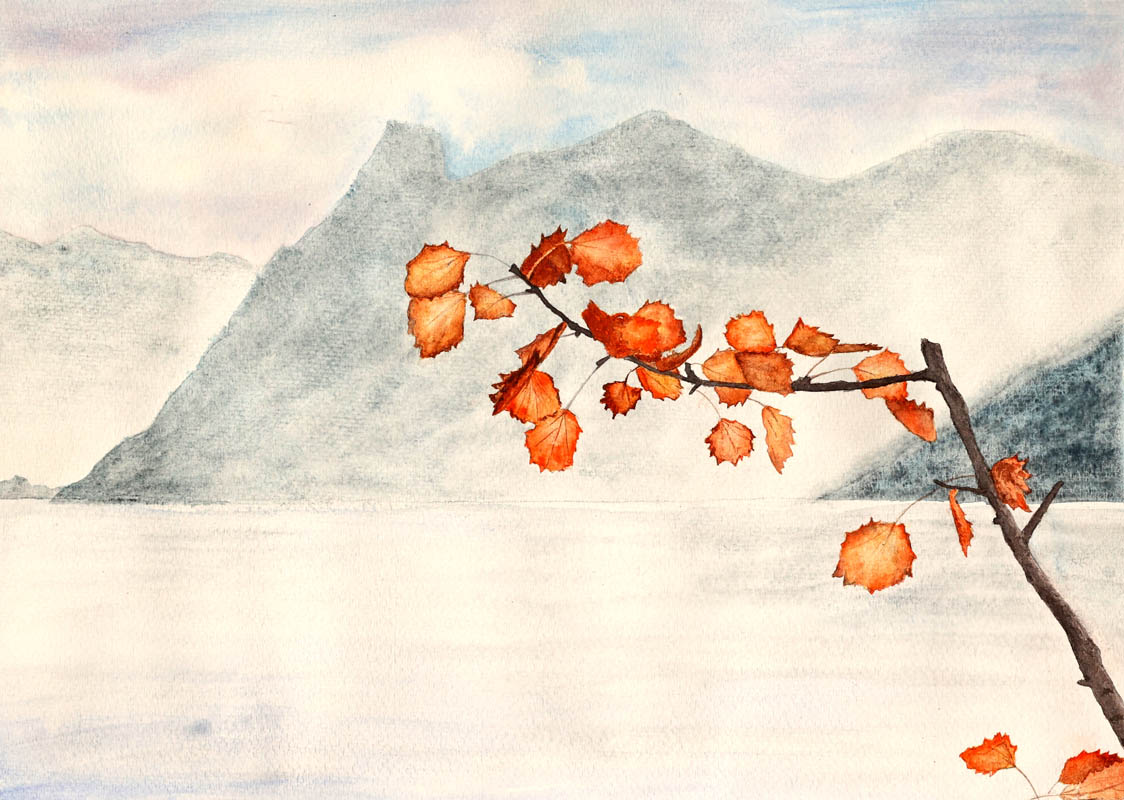 Watercolour painting by David Desormeaux of an oak branch with a mountain lake in the background