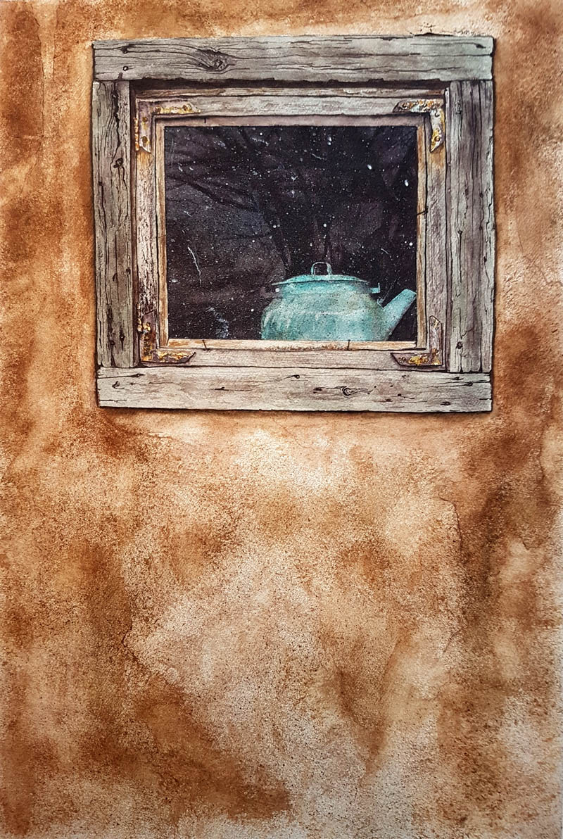 Watercolour painting of a vintage tea kettle in window of an old wall